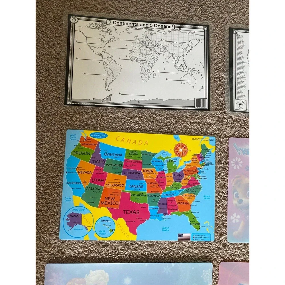Lot of 8 Kids Educational & Character Placemats Tot Talk USA World Map Disney